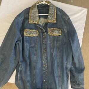 3X TALL Denim Jacket Women’s Blue Jean Button Up With Gold Sparkly Accent
